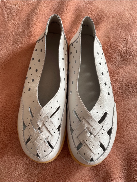 unbranded Shoes - Women's White Perforated Leather Slip-On Flats with Braided Toe